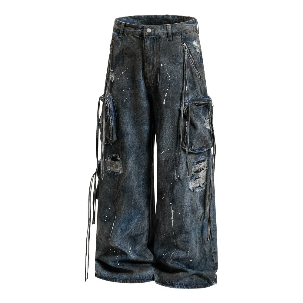 Wasteland Distressed Paint Splatter Jeans Pants Men Multi Pocket Baggy Wide Leg Ripped Dirty Wash Trousers