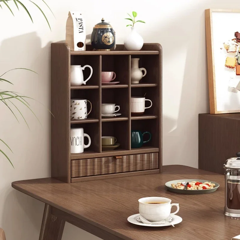 Rubberwood Cup Storage Rack Durable Wall-Mounted Shelf with Dust-Proof Grid Tea Cup Display Rack Drawer for Organization