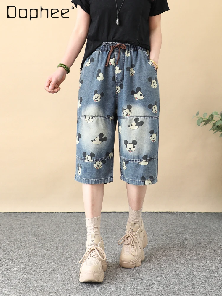 

Retro Cartoon Printed Denim Medium Pants Women's Loose Wide-leg Five-point Medium Pants Elastic Waist Lace-up Shorts