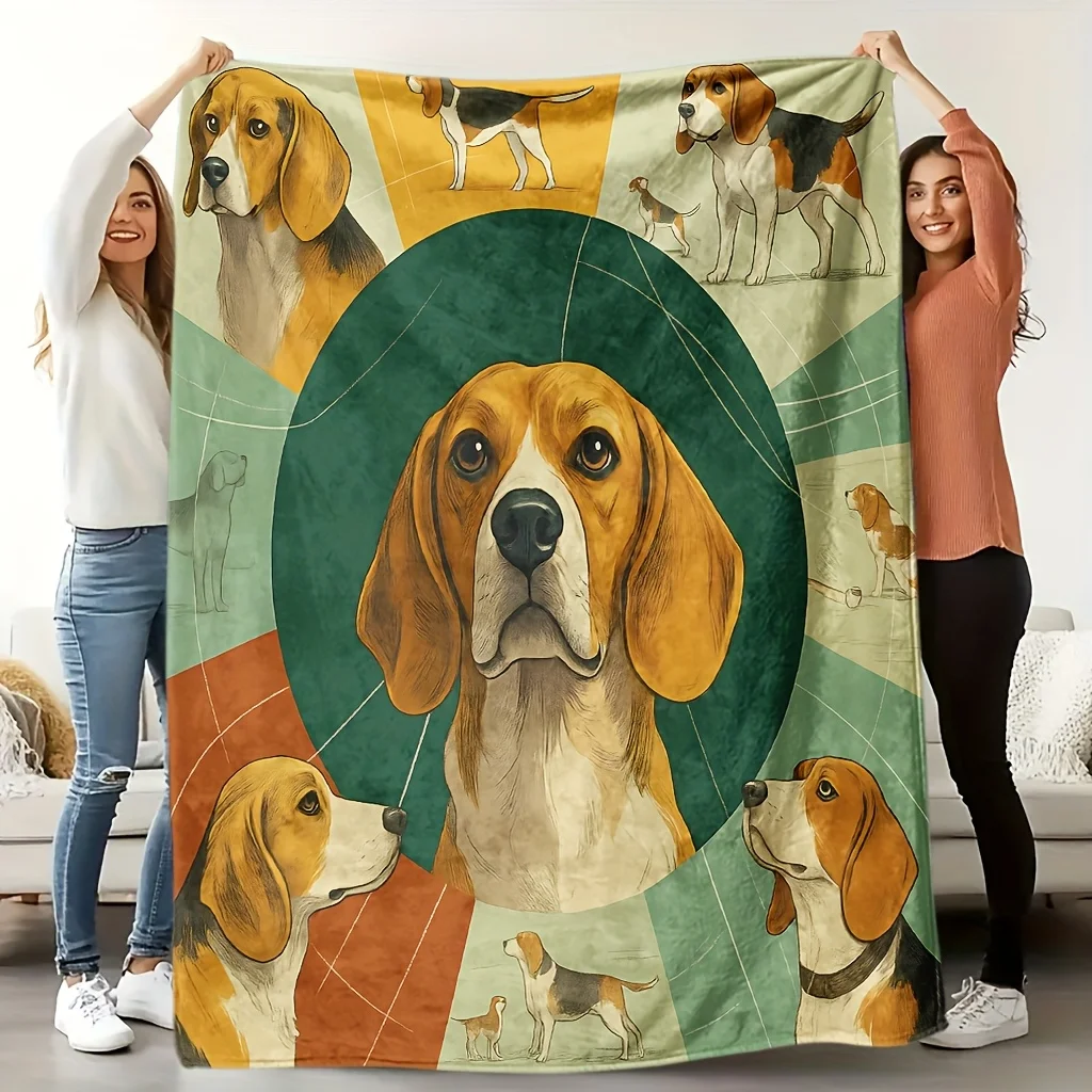 1pc Beagle Dog Fleece Blanket - Soft Breathable All-Season Bedspread with Beagle Puppy & Adult  Design,  Lover Gift
