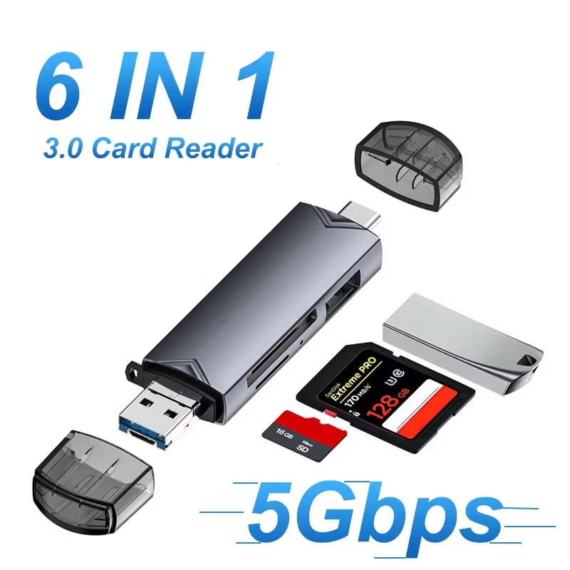 6 In 1 Type C SD TF Card Reader Micro USB Flash Drive Adapter 5Gbps High Speed Transfer For Computer Laptop Phone Tablet PC OTG