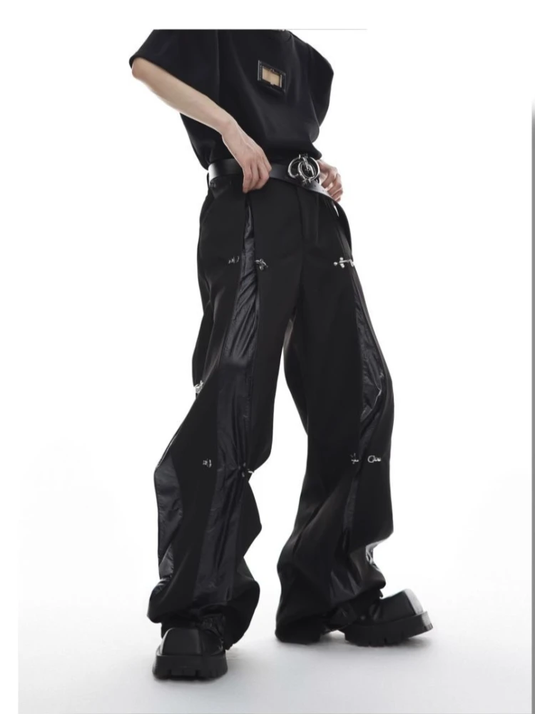 Mens Trousers Harajuku Deconstructed Streetwear Metal Buckle Suit Pants Leather Patchwork Straight Leg Loose Fit Draped Casual view 3