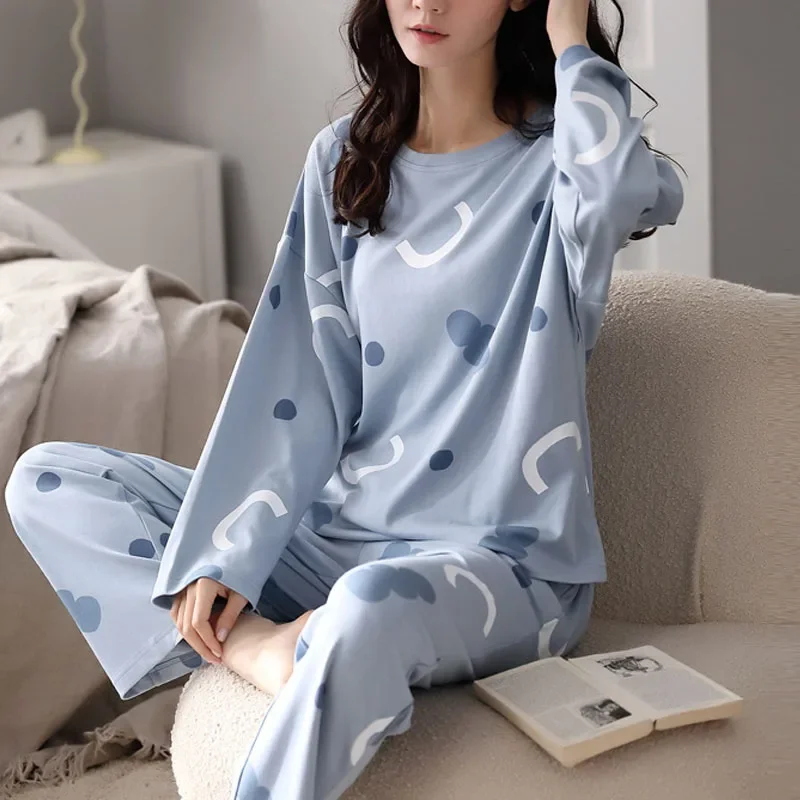 

2 Piece Set Long-Sleeved Pyjamas Women Autumn and Winter O-Neck Fashion Casual Breathable Cartoon Loungewear Ladies Sleepwear