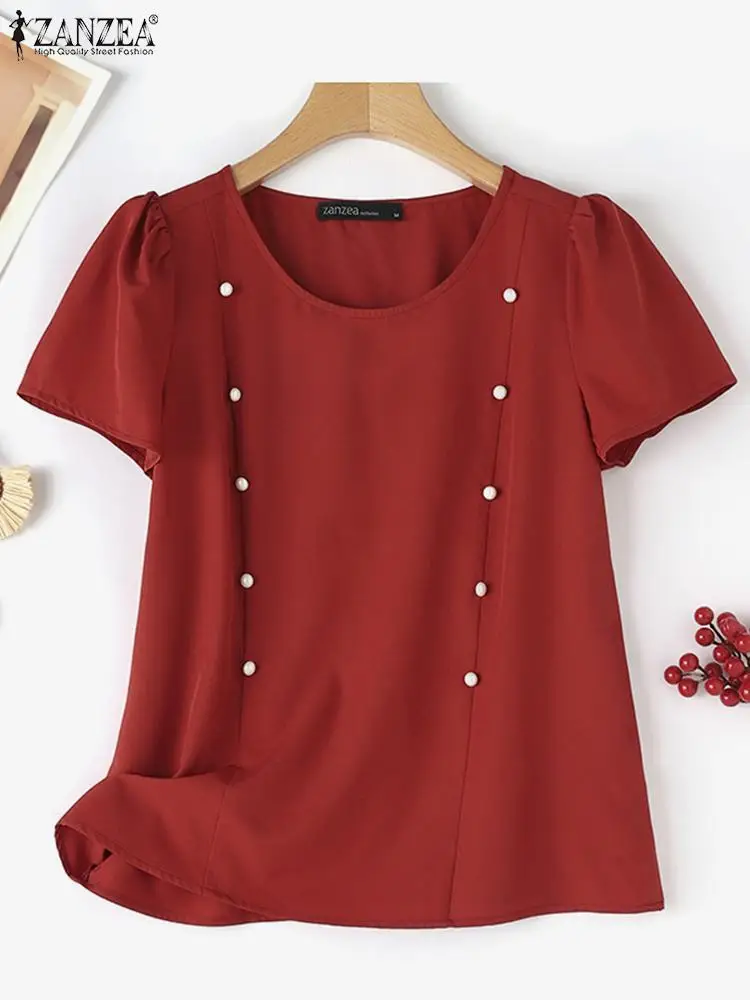 ZANZEA Summer Elegant Blouse Women Short Sleeve OL Work Shirt Casual Party Tops Tunic Loose Holiday Blusas O Neck Solid Chemise