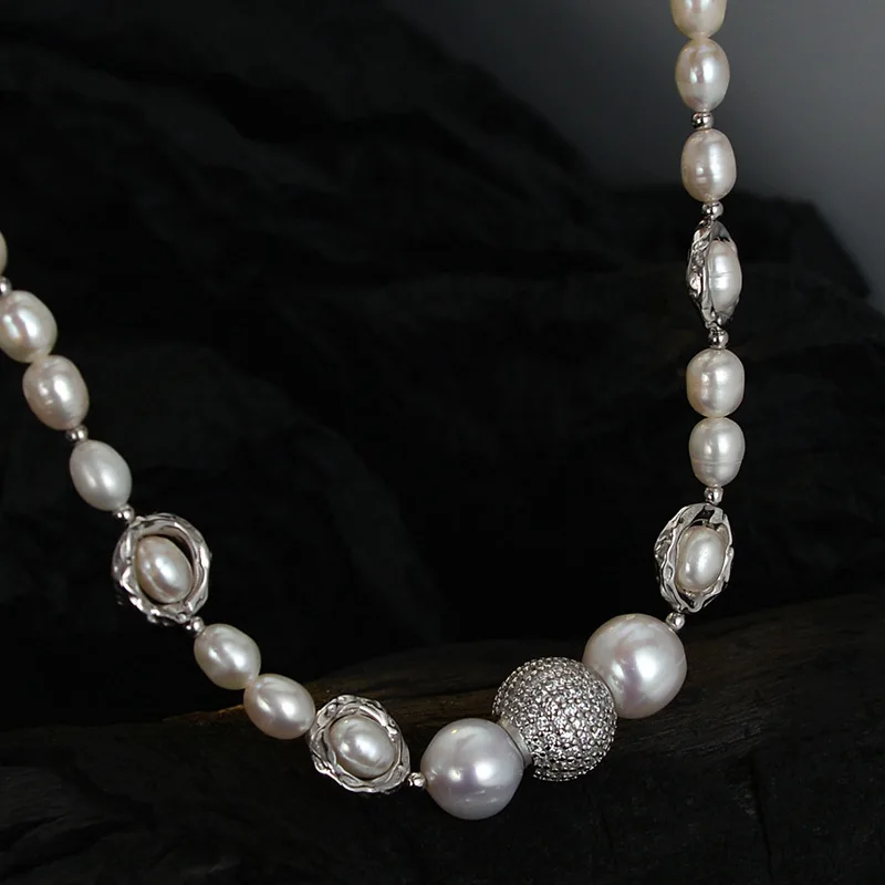Full Diamond Planet & Baroque Pearl Necklace, S925 Sterling Silver Celestial Unique Jewelry