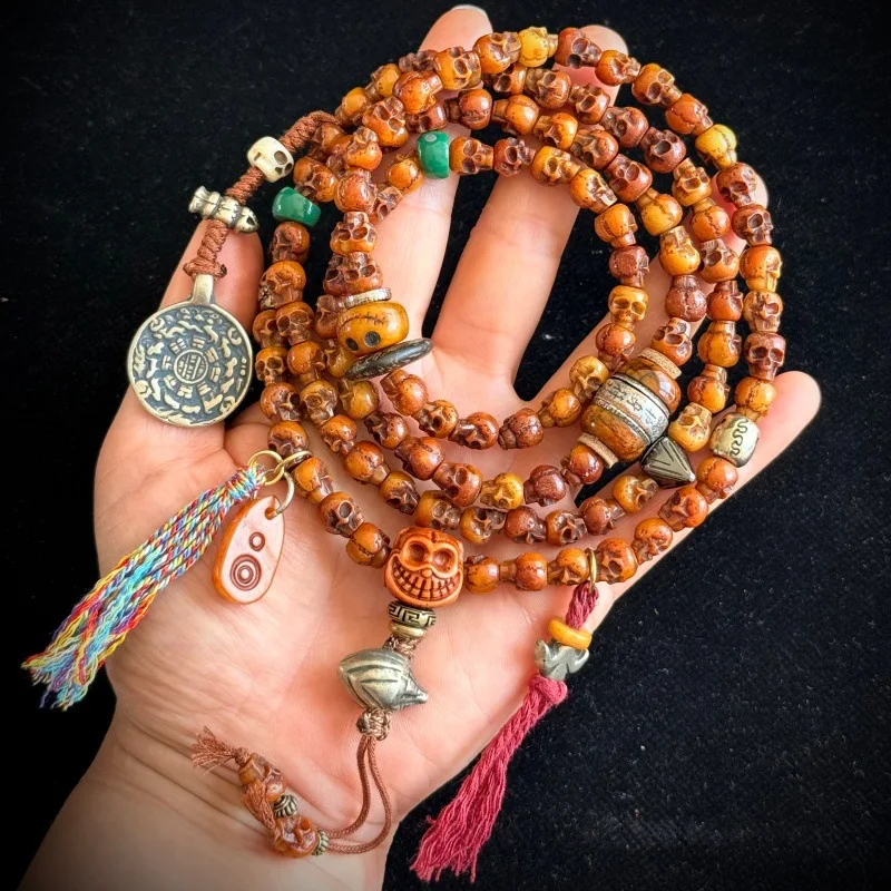 Tibetan-style Yak Carved Mandala 108 Beads Rosary, Camel Bone Three-Way Bead with Cloud Pendant for Meditation and Play