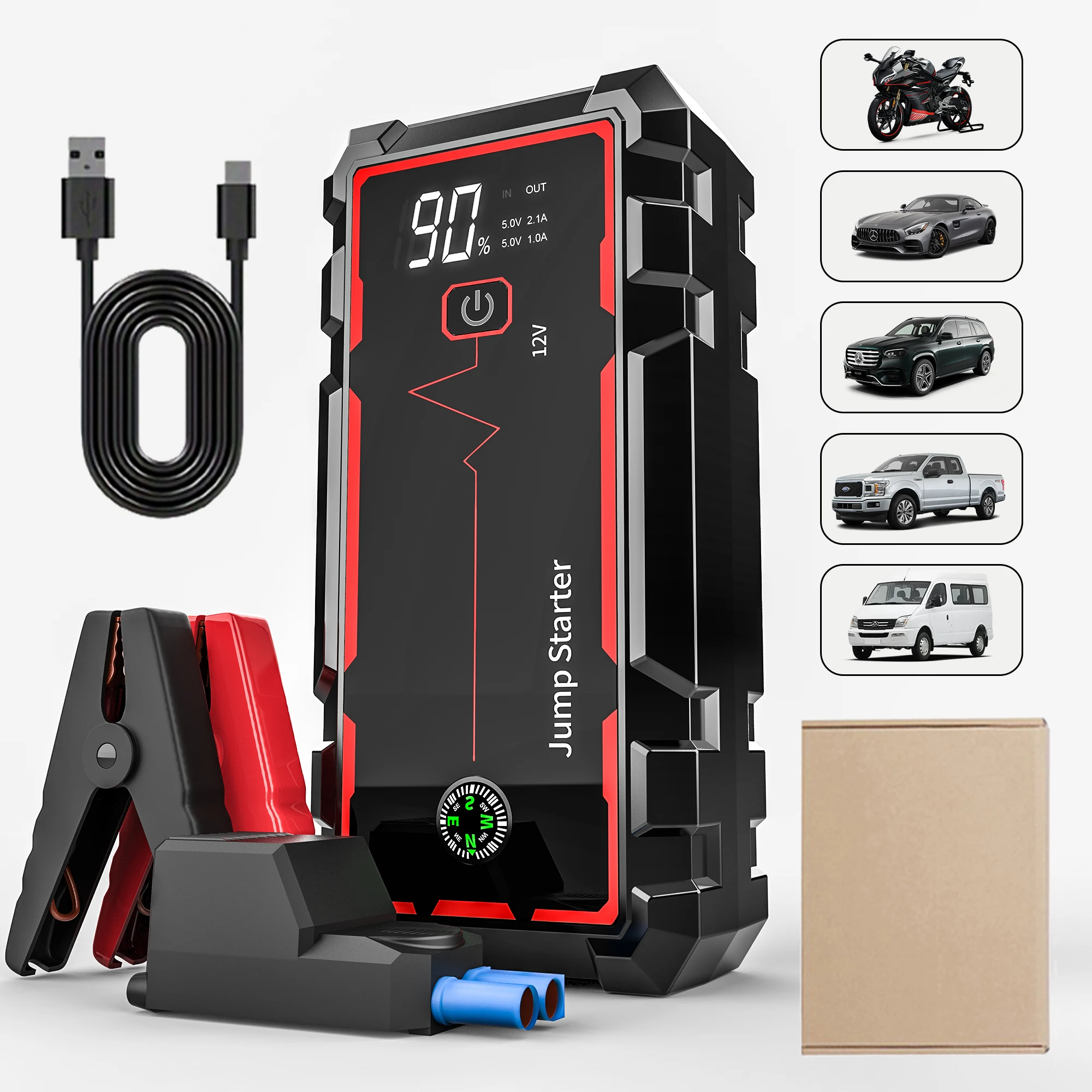 Portable 10000mAh 12V Power Bank Car Jump Starter 2000A Peak Current USB-A/USB-C Digital Screen LED Light For Cars Trucks