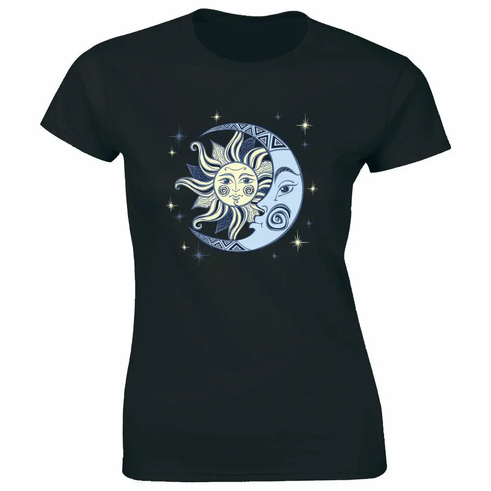 

Sun and Moon Art Image with Stars T-Shirt for Women