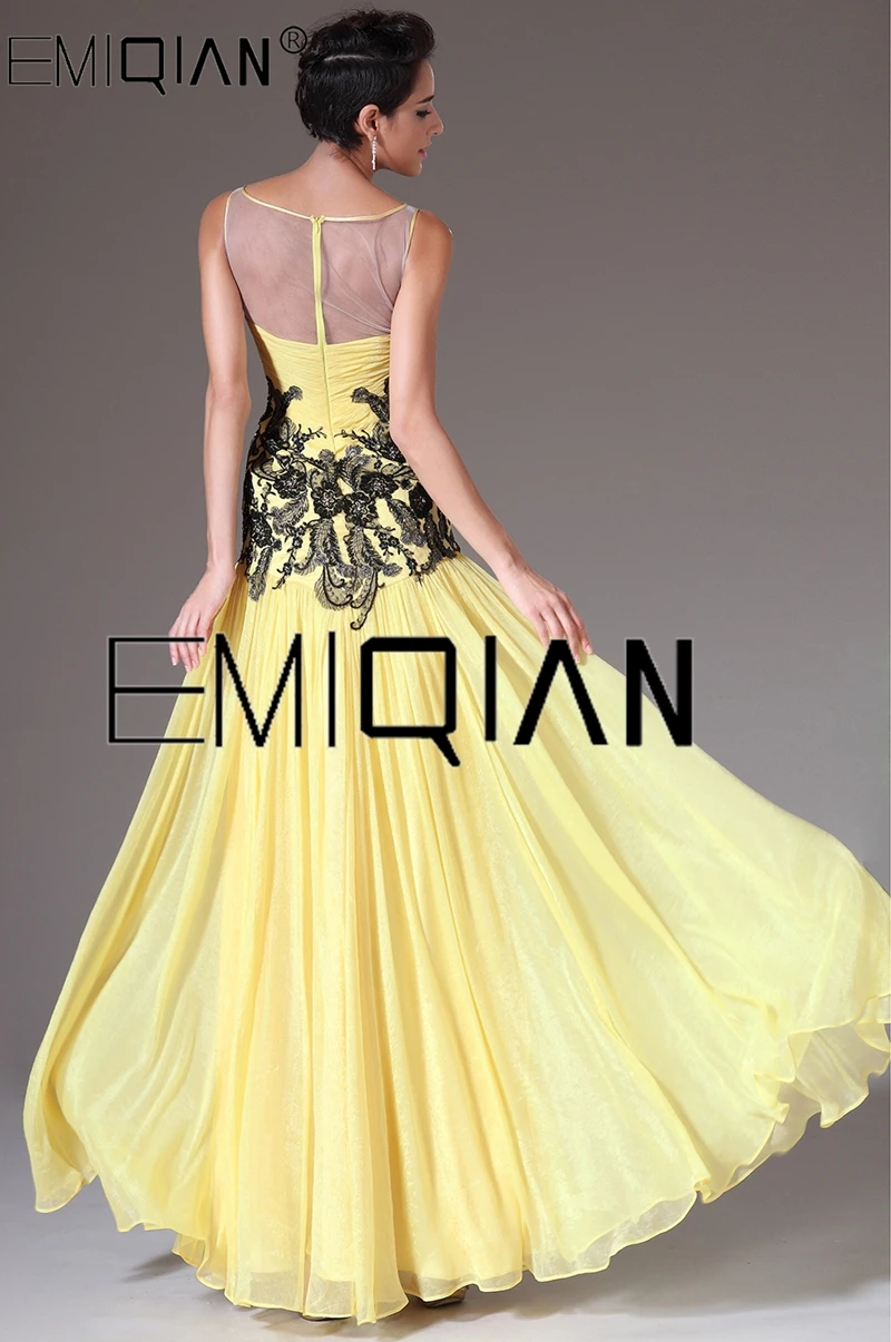 New Yellow Chiffon Sheer Top A-Line Illusion Sweetheart Neck Black Appliques Prom Dress