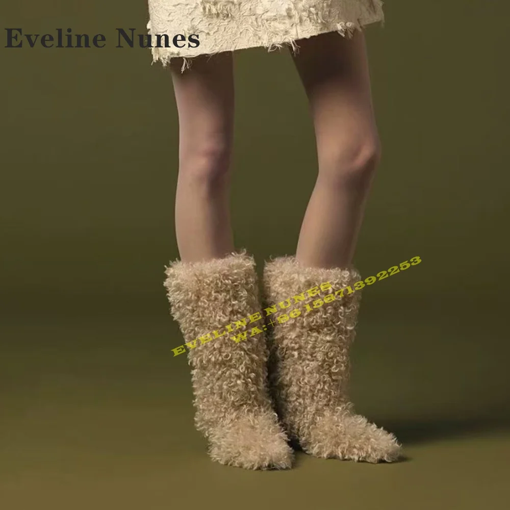 

2024 Winter Furry Warm Mid-Calf Boots Pointed Toe Round Heels Pull On Casual Street Style Women Snow Boots Plus Size New Style