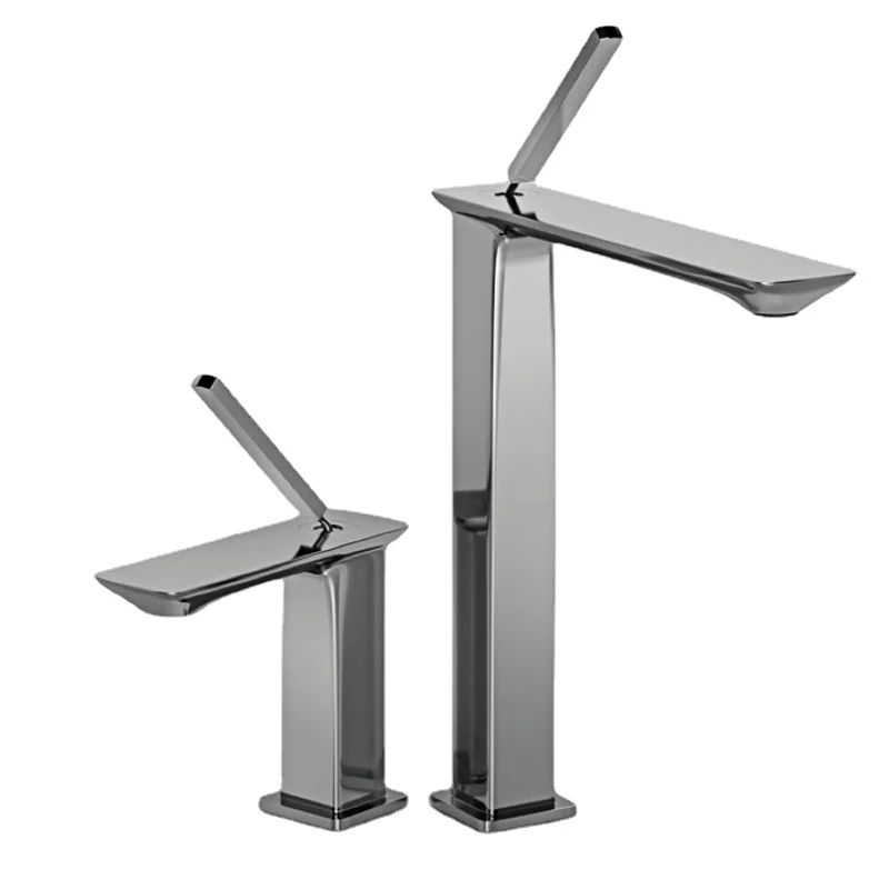 

Basin Faucet High and Low Household Brass Hot and Cold Silver Square Bathroom Faucet