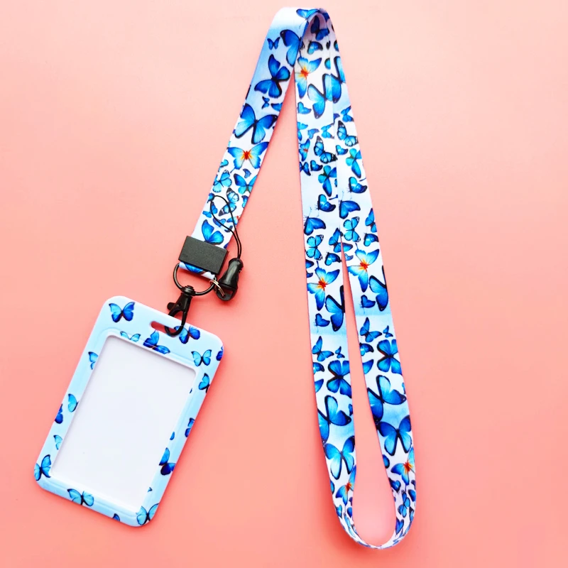 Blue Butterfly ID Badge Holder Lanyard Keychain Women Credit Card Case Neck Strap Card Holders Credentials Retractable Clip