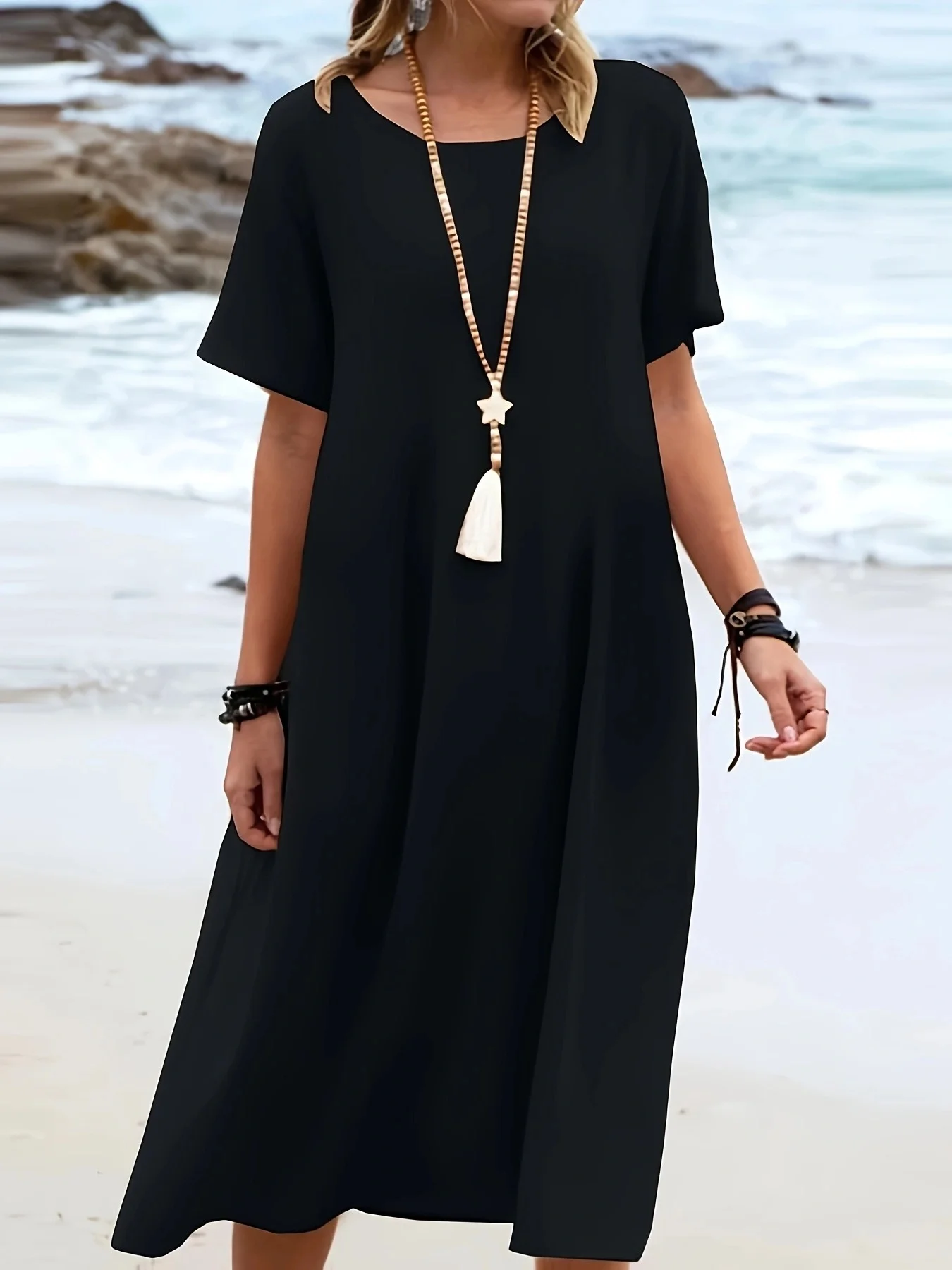 Długa sukienka na wiosnę i lato, gładka, z okrągłym dekoltem, krótkim rękawem, luźna, w stylu casual.