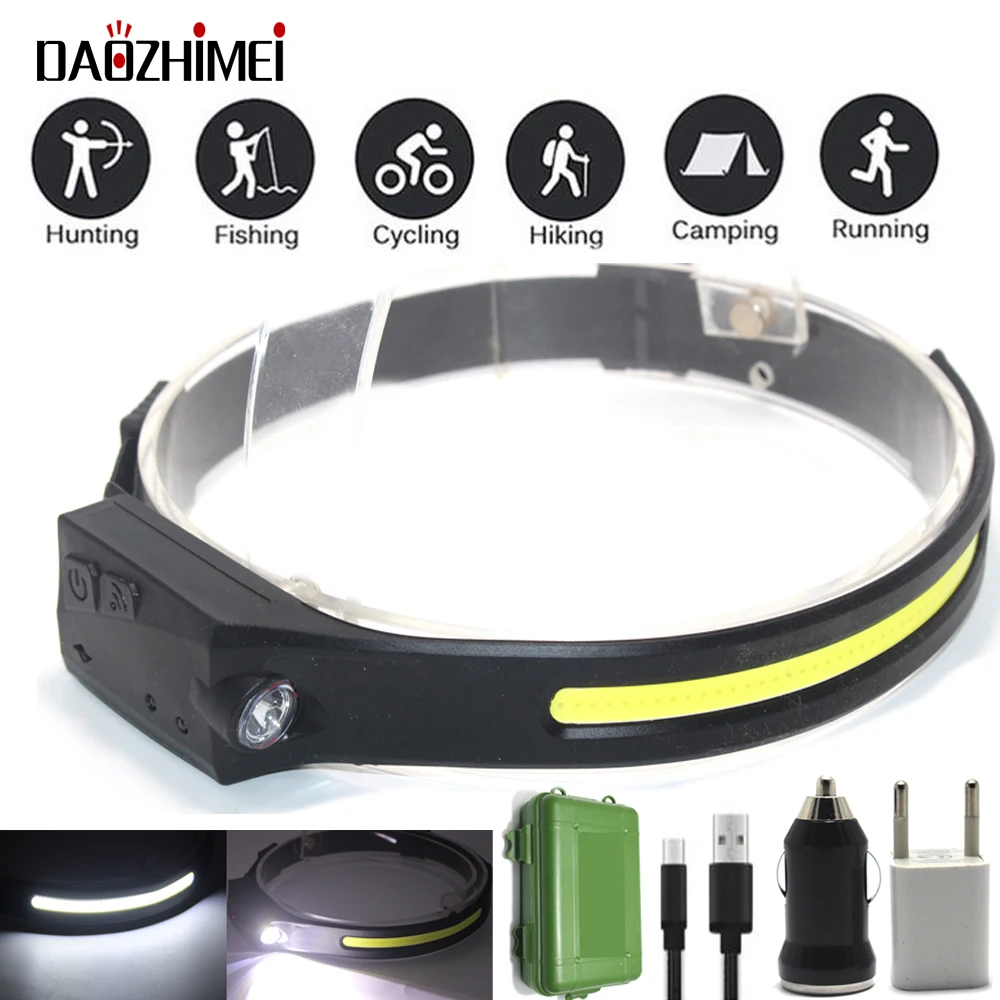 Running Induction Headlight COB LED Headlamp 4 Modes with Built-in Battery Flashlight USB Rechargeable Work Light Fishing Lampe