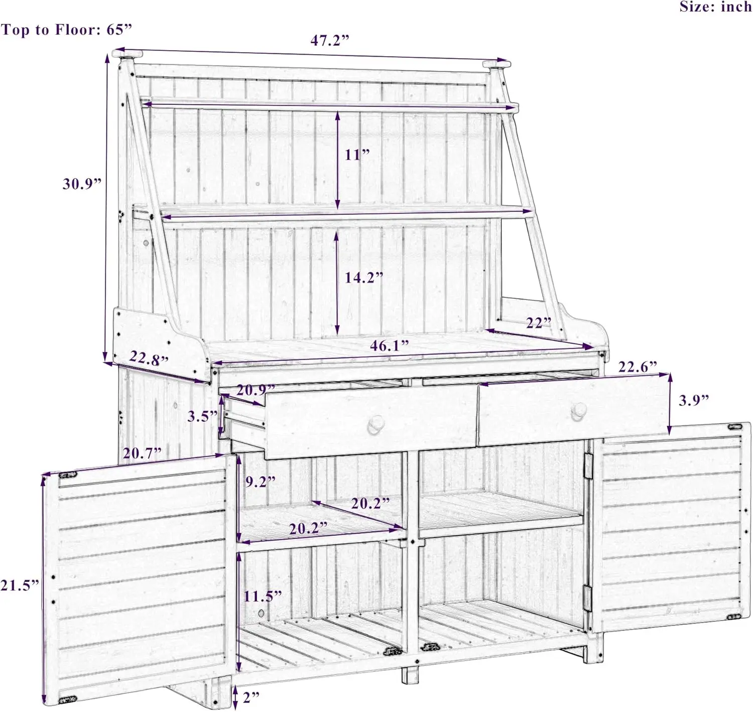 65Inch Large Garden Potting Bench Table With 2 Drawers, Cabinet And Open Storage Shelves, Farmhouse Fir Wood Workstation For