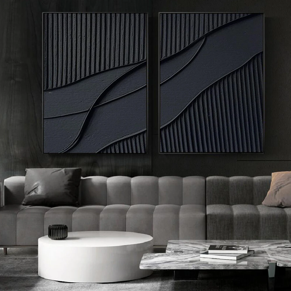 Black Abstract Minimalist Line Wall Black 3D Textured Canvas Painting Modern Norse Art Aesthetic Posters Prints Home Decor Mural