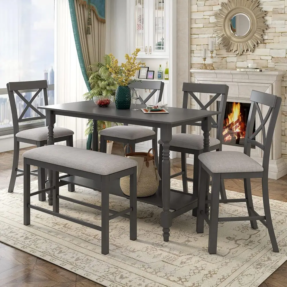 

6-Piece Solid Wood Counter Height Dining Set with 4 Upholstered Chairs and 1 Bench (Gray)