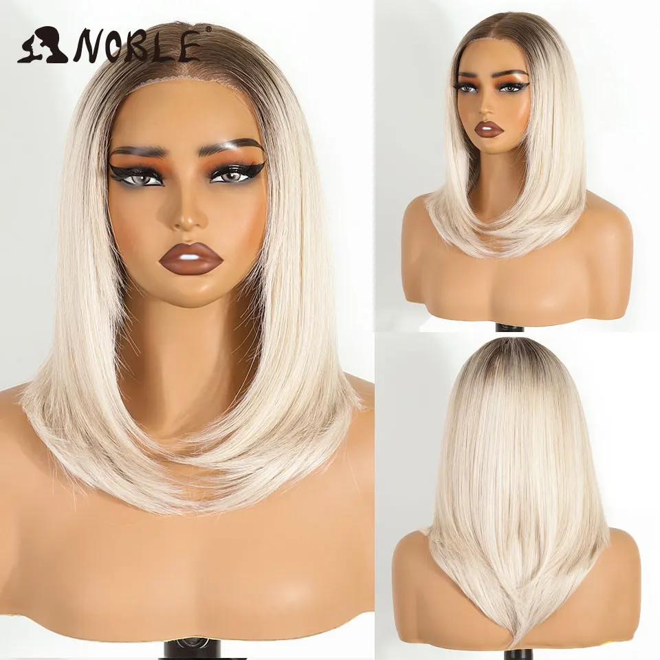 NOBLE 16 Zoll 6x4 Lace-Front-Perücke aus Kunsthaar, Ombre Aschblond mit dunklem Ansatz, hitzebeständige Faser, klebefreie Perücke für Damen – Detail 10