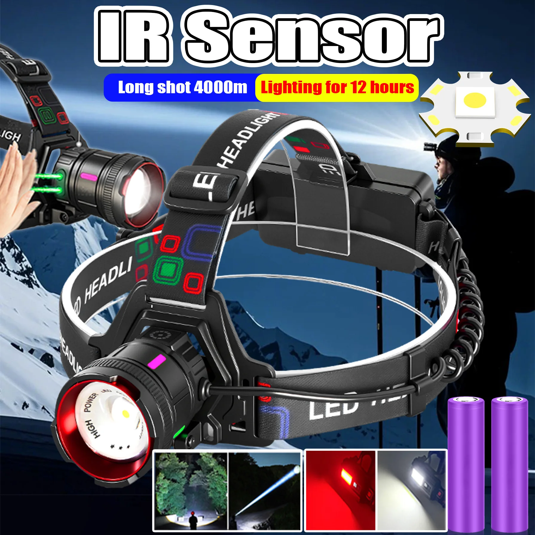 IR Sensor Head Lamp USB C Rechargeable Headlamp Red Light Head Flashlight Cap Light Headlight 18650 Head Torch Outdoor Equipment