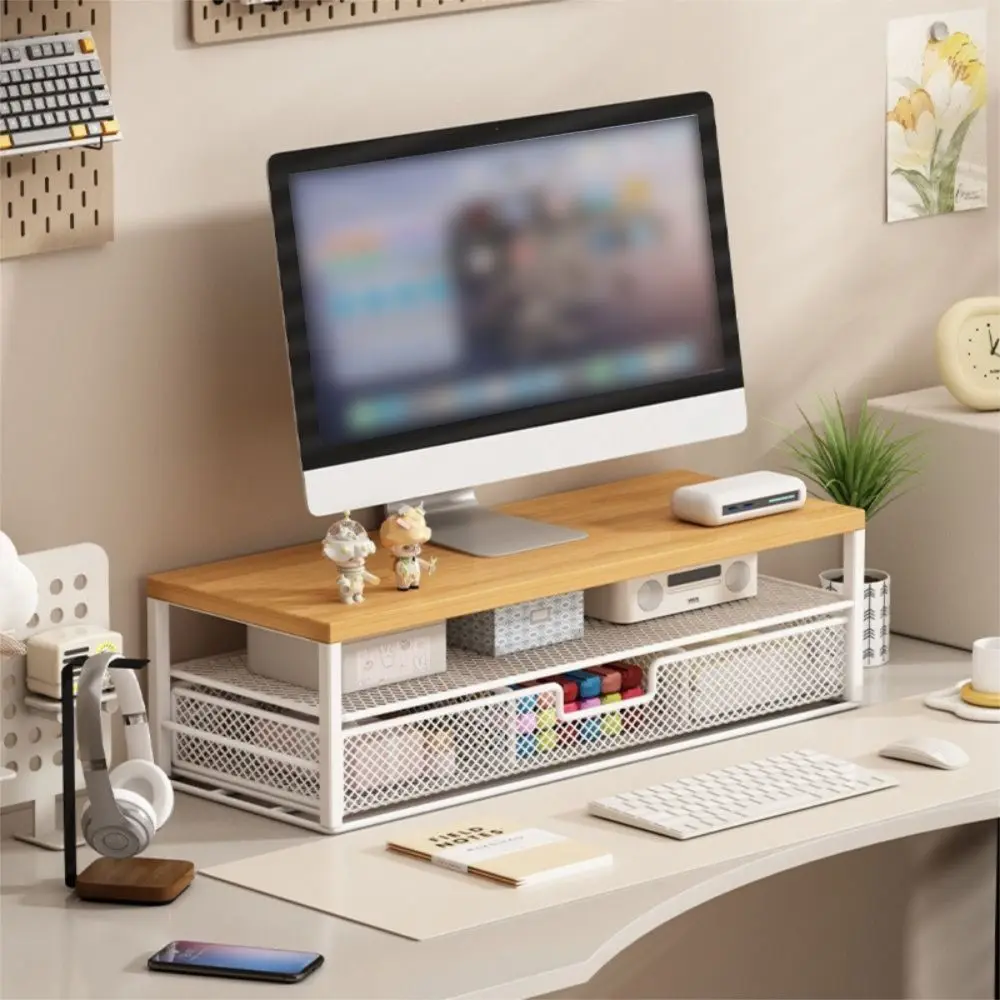 

2-Tier Design Computer Monitor Stand With Drawer Metal Mesh Laptop Computer Storage Shelf Large Load Bearing Rust-proof