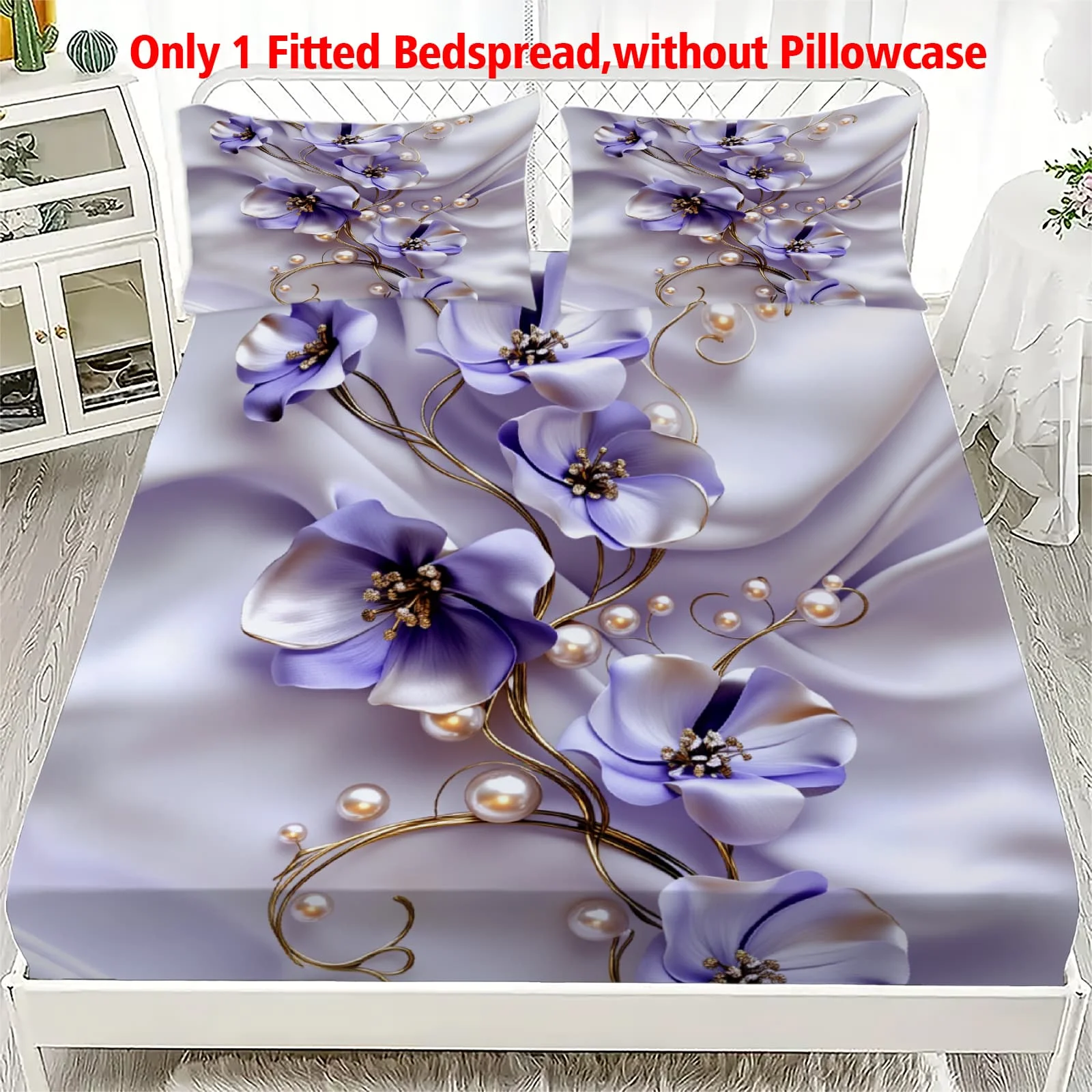 1pc 3D Purple Flowers Golden Vines Pearls Fitted Sheet Deep Pocket Elastic Mattress Cover Single Double Queen King Bedroom Decor