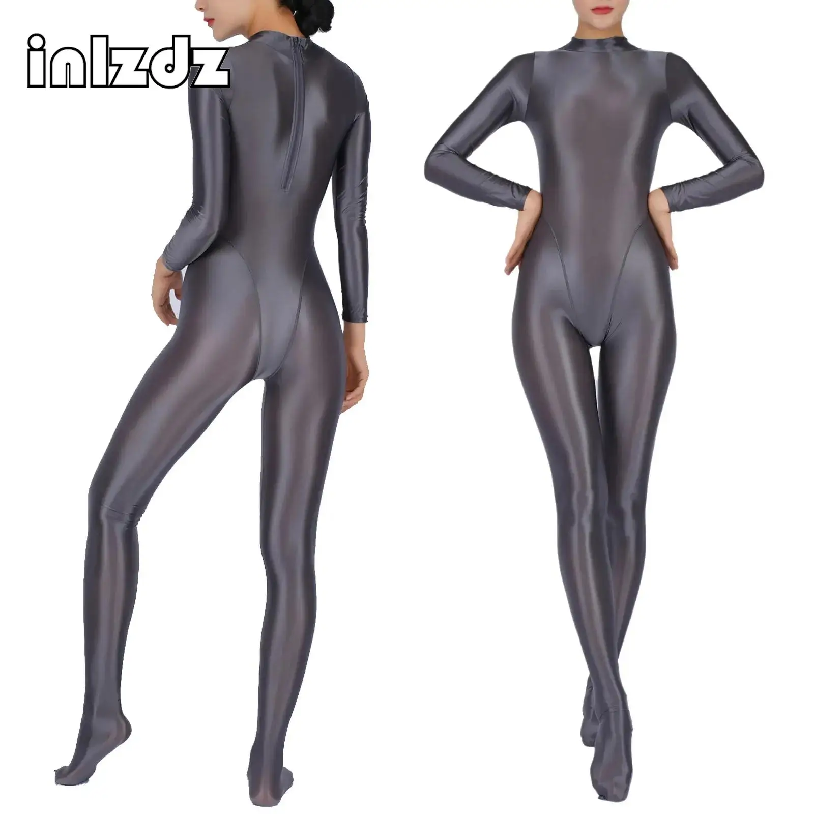 

Women Oil Glossy Jumpsuit Full Body One Piece Swimsuit Long Sleeve Tights Bodystockings Gymnastics Artistic Workout Overalls