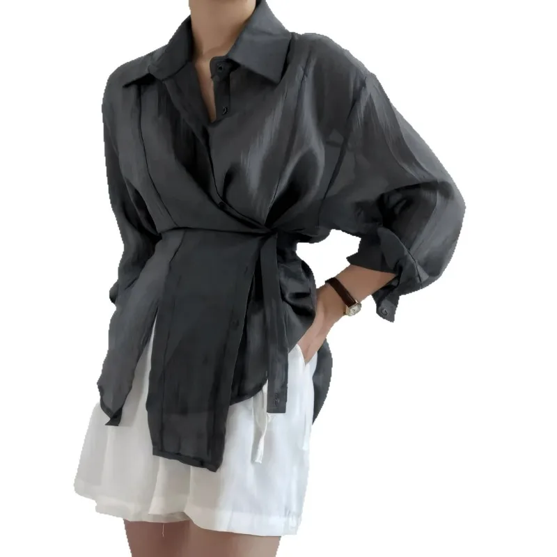 フランス製高級ライトラグジュアリーシャツ、面接用韓国版長袖薄手プロフェッショナル女性用サマーシャツ