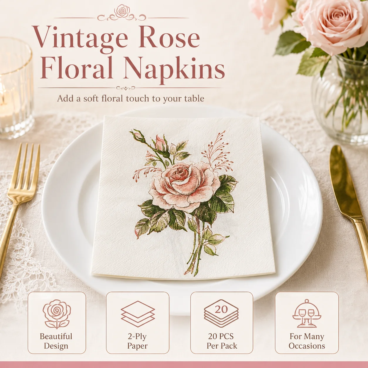 Servilleta estampada para Hotel, mesa de boda, restaurante occidental, cafetería, paño bucal, servilletas de papel de colores con patrón de rosas Vintage, baratas