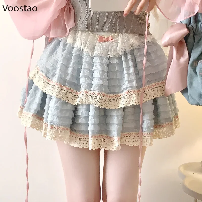 Japanese Sweet Lolita Mini Skirt Women Vintage Kawaii Y2k Bow Lace Ruffles Party Fairy Short Skirts Korean Elegant Cake Skirt