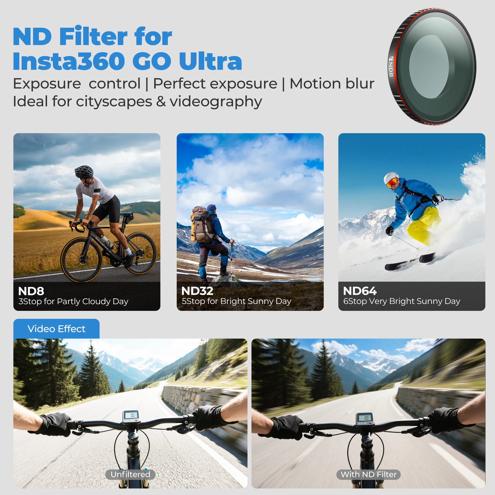 Freewell Standard Day ND Filter Kit 4 Pack ND8,ND32,ND64 and CPL Camera Filters for Insta360 GO Ultra Photography Accessories