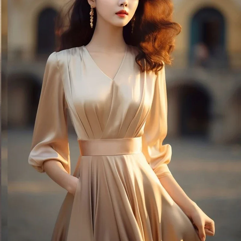 Summer New Solid Color Satin Face Midi Dress Women V-neck Fashion Half Sleeve Dresses High Street Elegant Pleated Chic Z721