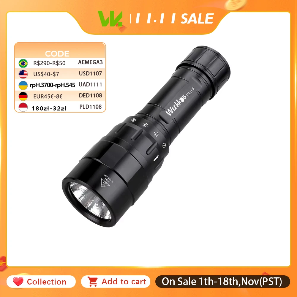 Wurkkos DL10R Scuba Diving Torch XHP70.2 LED Flashlights 4500lm 21700 USB-C Rechargeable Rotary Switch Magnetic Control