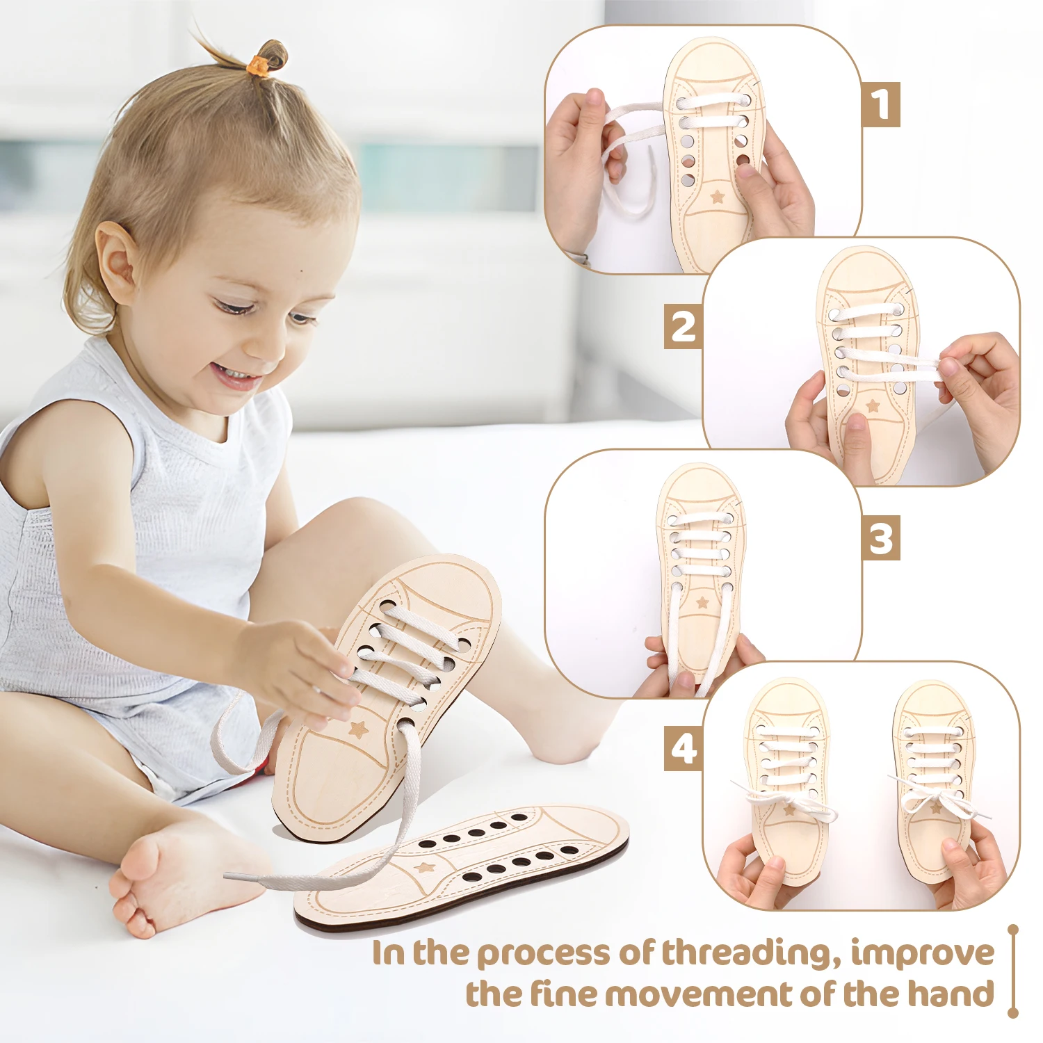 2Pc ไม้ Lacing รองเท้าของเล่นเรียนรู้ Tie Laces Creative Threading ของเล่นเพื่อการศึกษาฝึกผูก Shoelaces บอร์ด Montessori ของเล่น