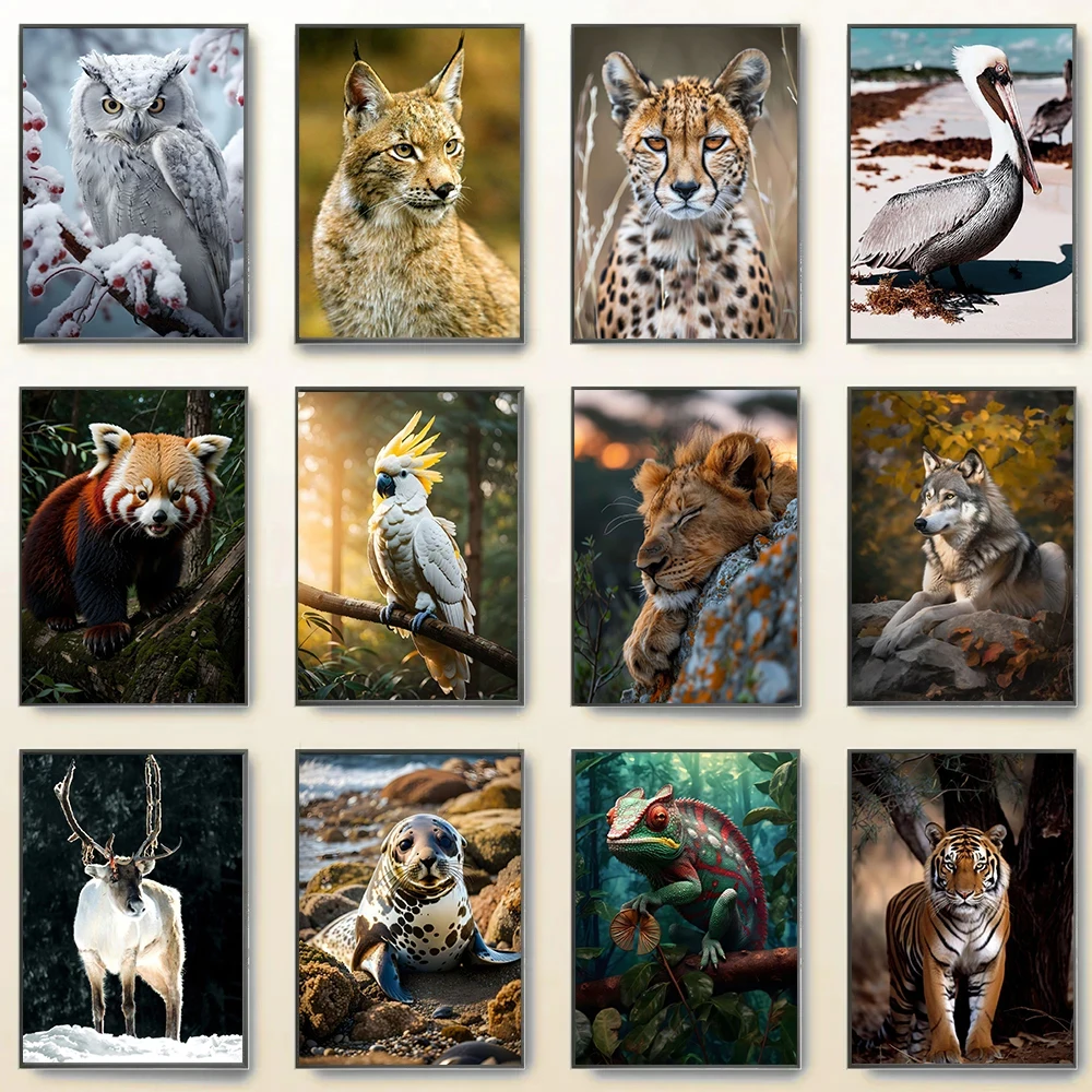 Modern Forest Grassland Wildlife Lion Tiger Panda Falcon Brown Bear Poster Canvas Paintings Wall Art Pictures Home Decor