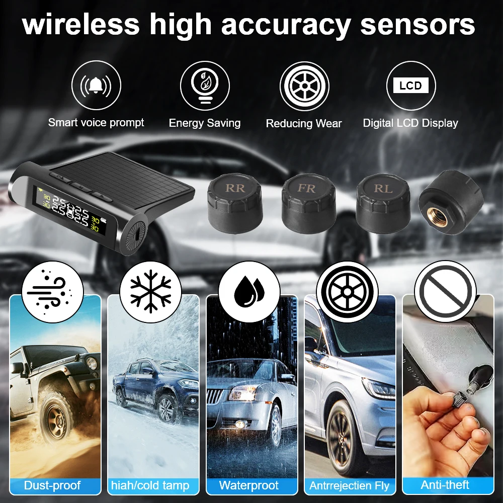 ليس بالطاقة الشمسية، نظام مراقبة ضغط الإطارات TPMS للسيارة، مجموعة إنذار أمان المركبات، 4 أجهزة استشعار، شاشة ديجيتال