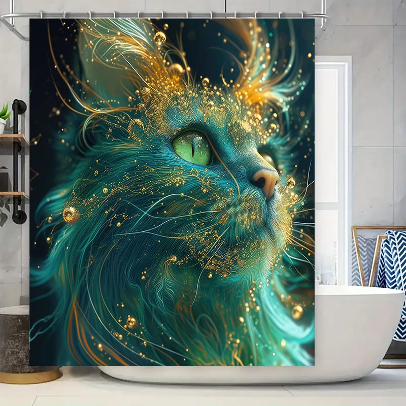 

Роскошная занавеска для душа с кошачьим принтом, синее золото, зеленый глаз, домашний декор, оконная панель для ванной комнаты, водонепроницаемая ткань