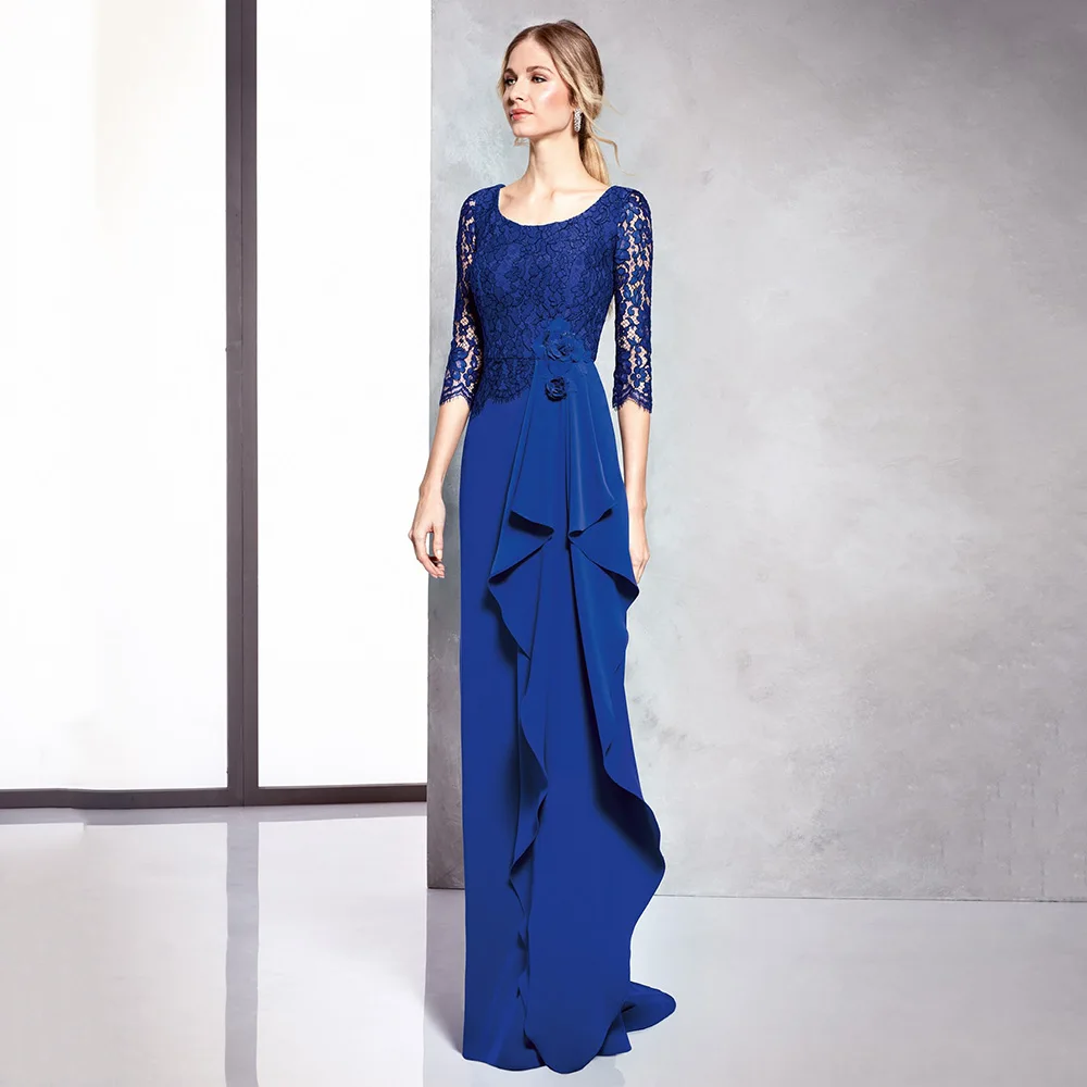 

Customized Elegant Royal Blue Mother of Bride Dresses Half Sleeves Sheath Godmother Evening Lace Wedding Party Guest Gowns