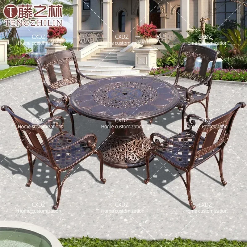 Rattan Style 5 Piece Outdoor Dining Set Cast Aluminum Table and Chairs for Garden Patio Terrace Weather Resistant Furniture