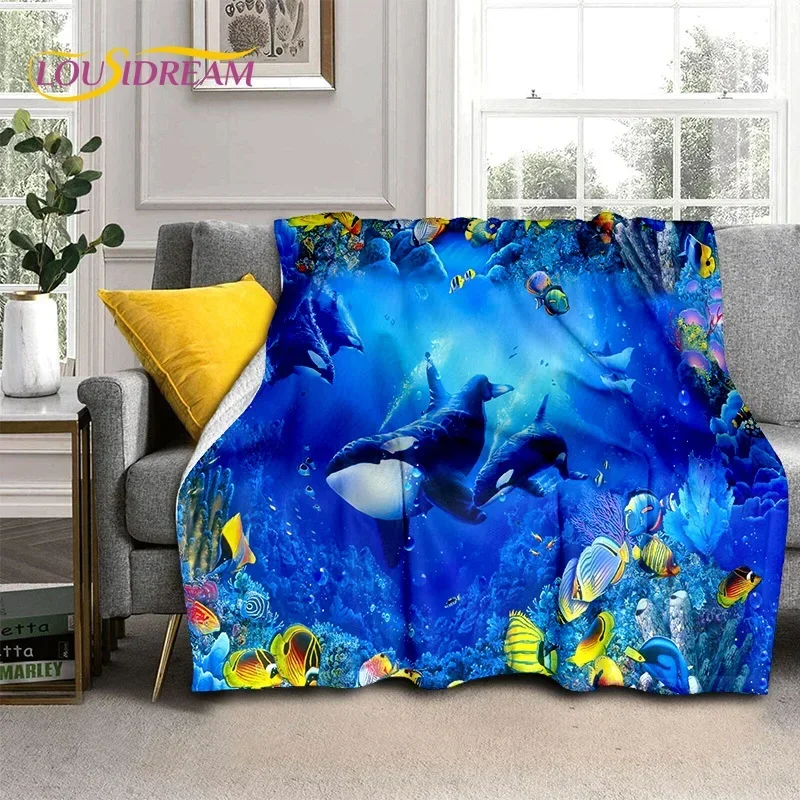 3D Illusion underwater world seabed shark dolphin bedroom sofa for picnic soft flannel blanket, throw blankets outdoors gifts