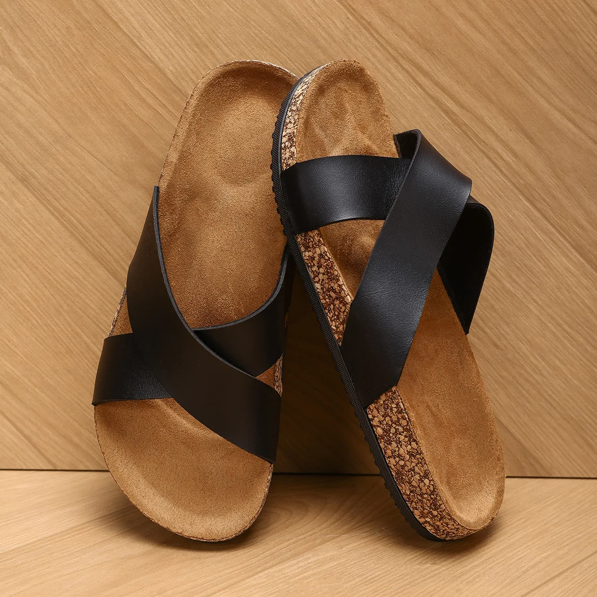 

Summer Cross Strap Flat Sandals For Men Outdoor Casual Soft Cork Sole Comfortable Beach Shoes