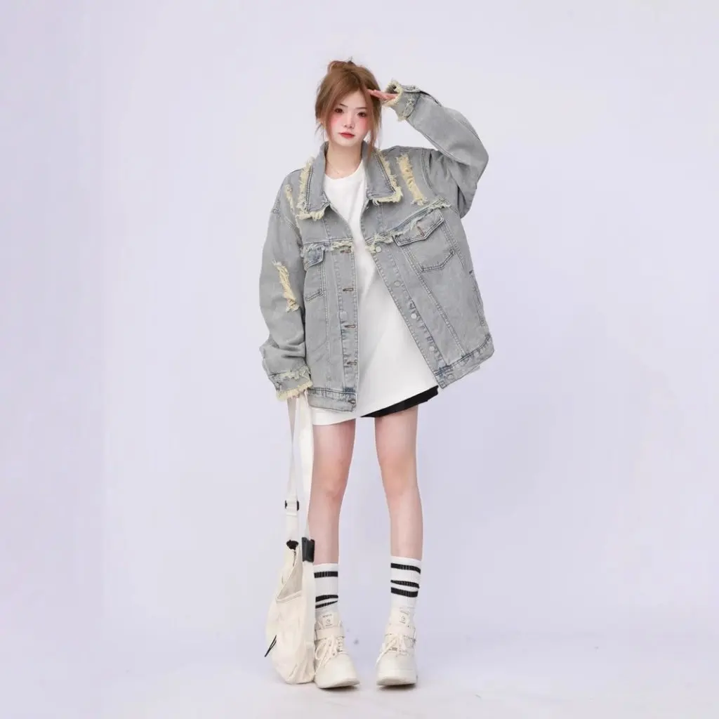 

Women's Oversize Tooling Washed Distressed Denim Jacket American Style High Street Spring Autumn New
