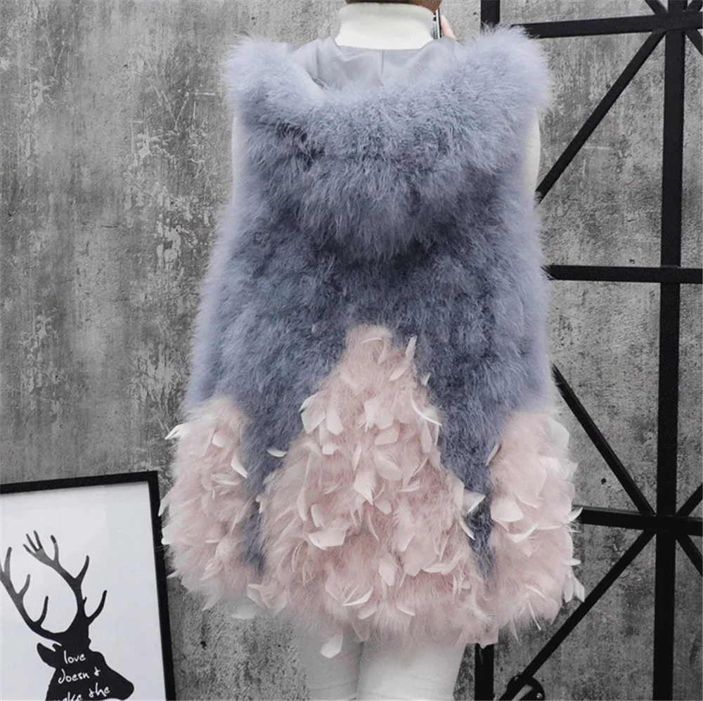 ostrich Autumn winter hair Korean midi fur vests women turkey feather hooded sleeveless fur coat waistcoat female outwear Y3240