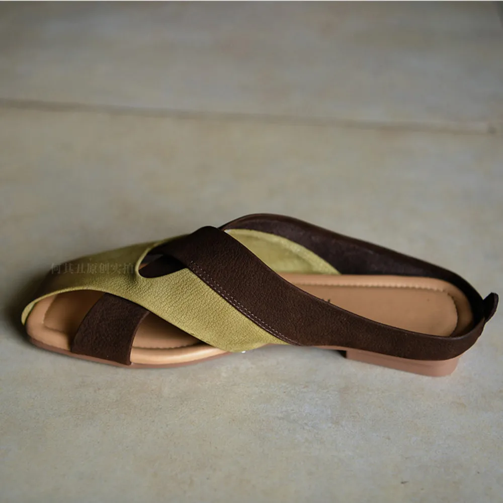 Women Khaki Green Genuine Suede Mule Slippers Colorblock Cross Straps Square Toe Flat Backless Summer Shoes