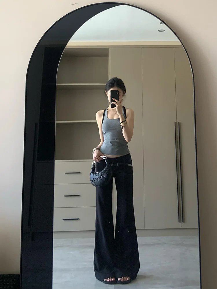 Taille basse jambe large costume pantalon femmes automne hiver Faion mince droite longueur de plancher pantalon haute rue Sle pantalons décontractés