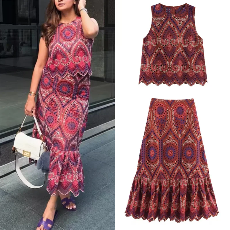 

Women's Suit 2026 Spring New Printed Sleeveless Embroidered Hollow Decor Top Vest with Midi Skirt Set Bohemian Style