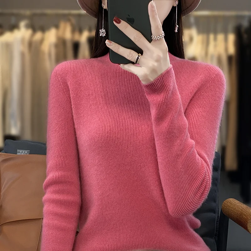 Autumn Winter New Woolen Sweater Women's Half High Neck Long Sleeve Pullover Temperament Solid Color Versatile Knitted Sweater