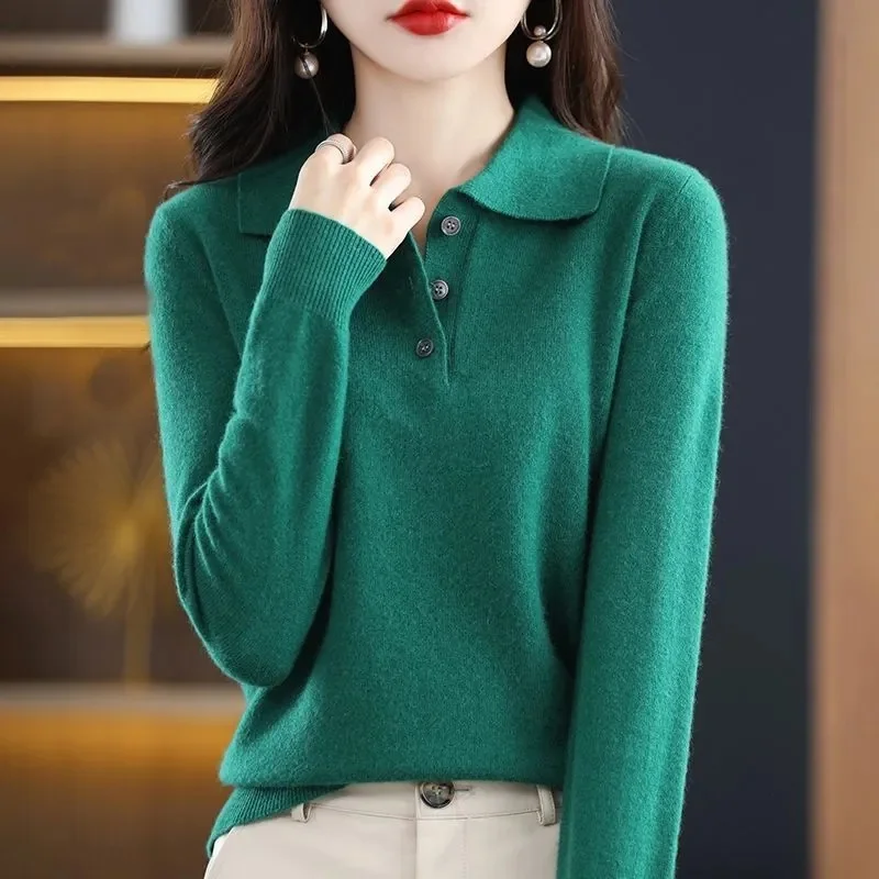 Women Sweater 2023 New Spring Autumn POLO Collar Sweater Knitted Pullover Long-Sleeved Non-Cashmere Jumpers Bottoming Shirt