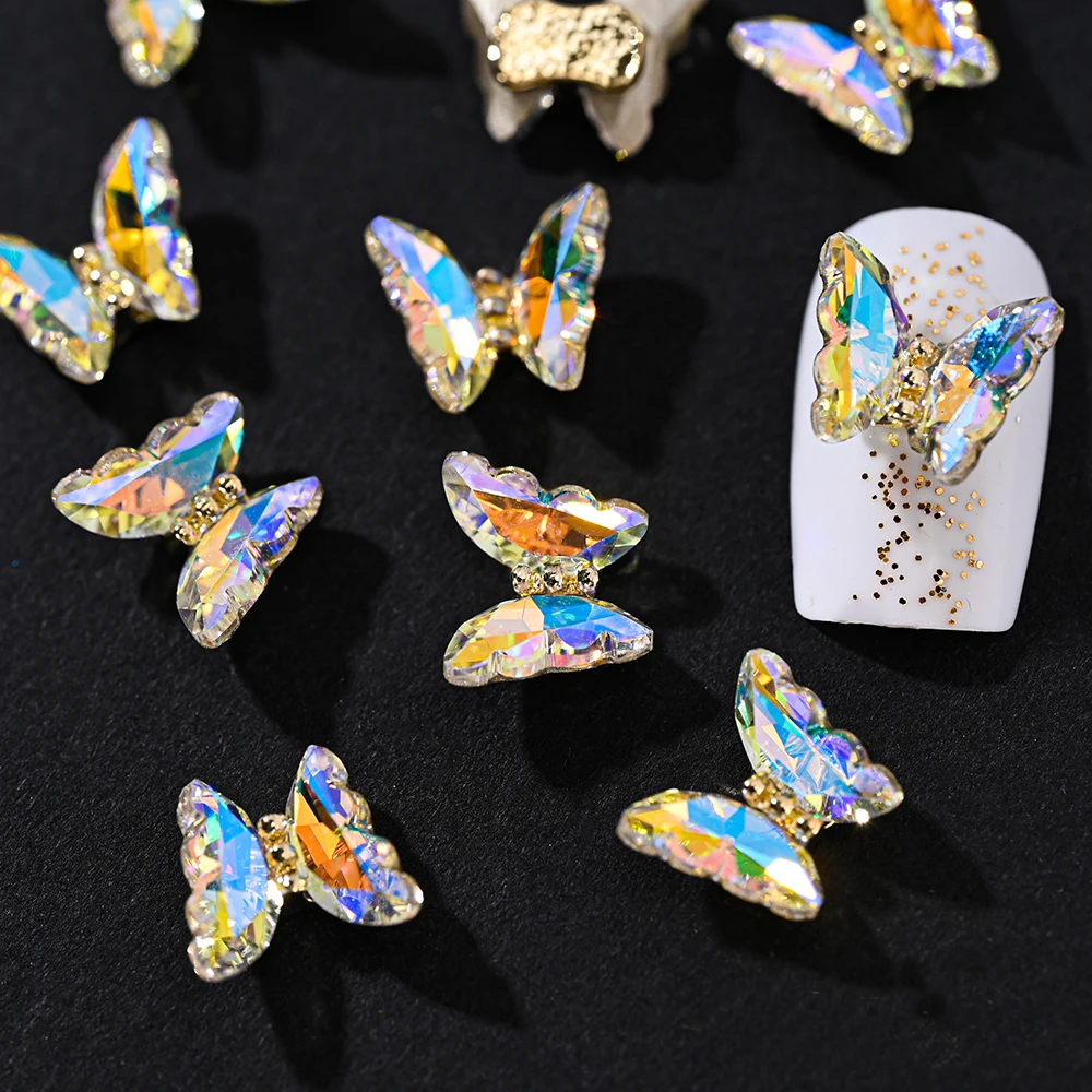 10pcs 3D Aurora Crystal Butterfly Nail Art Rhinestones 9.5*12mm Sparkle AB Butterfly Nail Designs Charms Luxury Nail Accessories