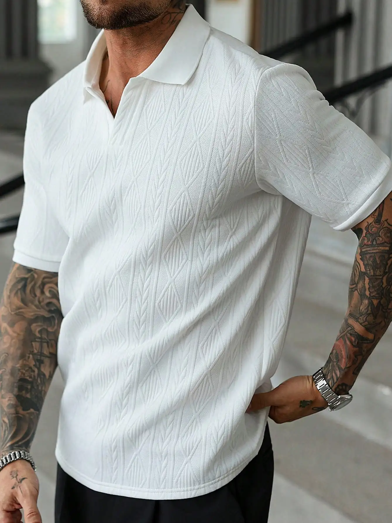 

Men's White Textured Jacquard Polo Shirt, Short Sleeve, Casual Urban Style