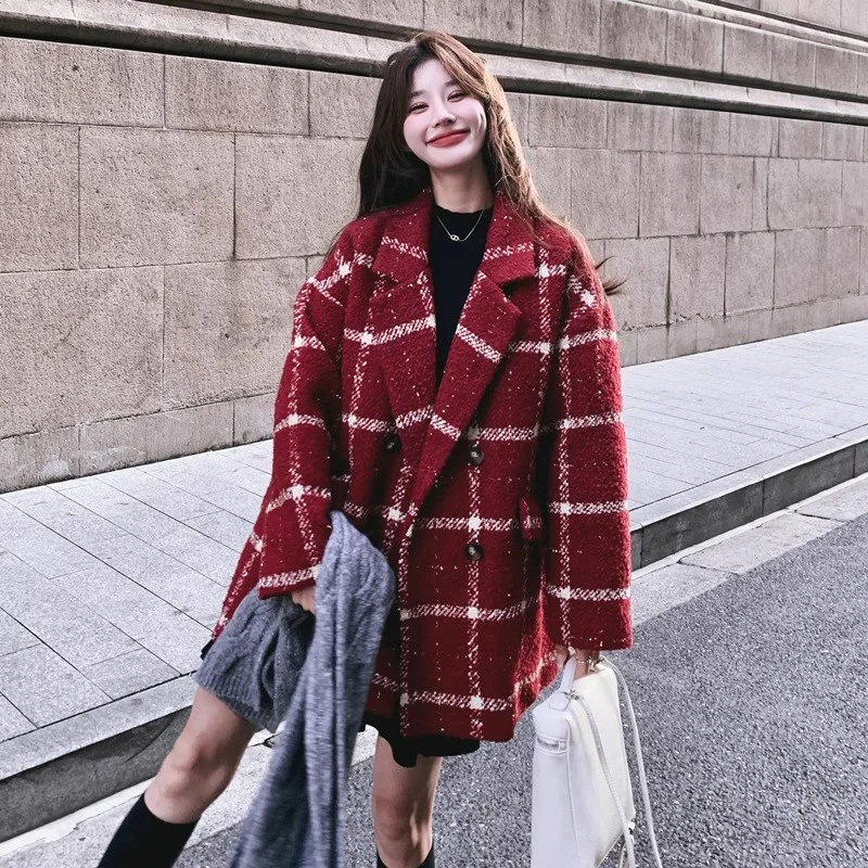 Red Checkered Down Suit Woolen Coat for Women in Their Zodiac Year 2024 Winter New Short Short Loose Thick Woolen Fabric for WLF